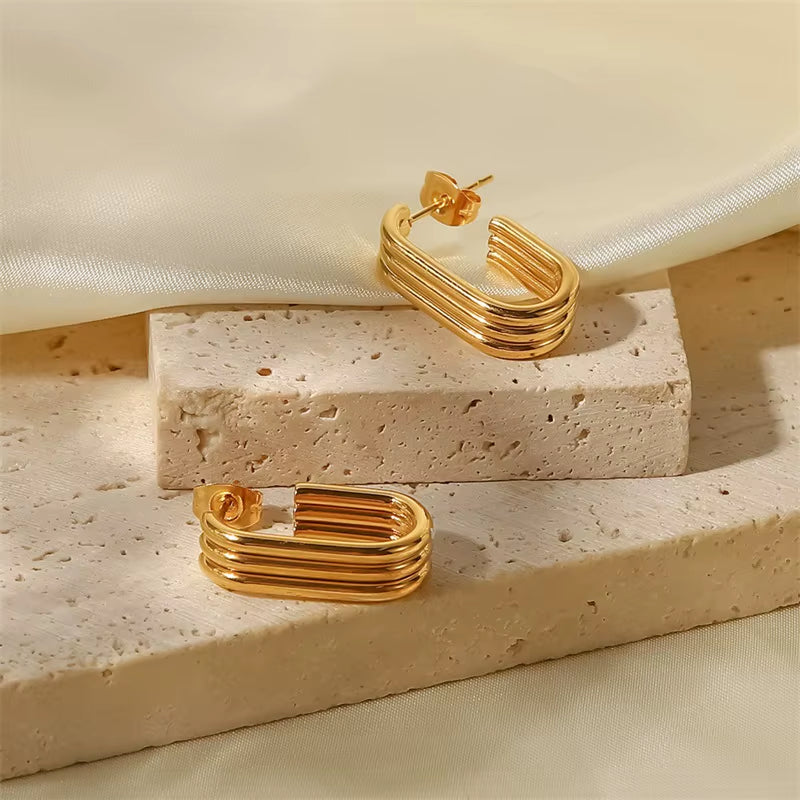 Three Layer U-Shaped Open Gold Plated Earrings