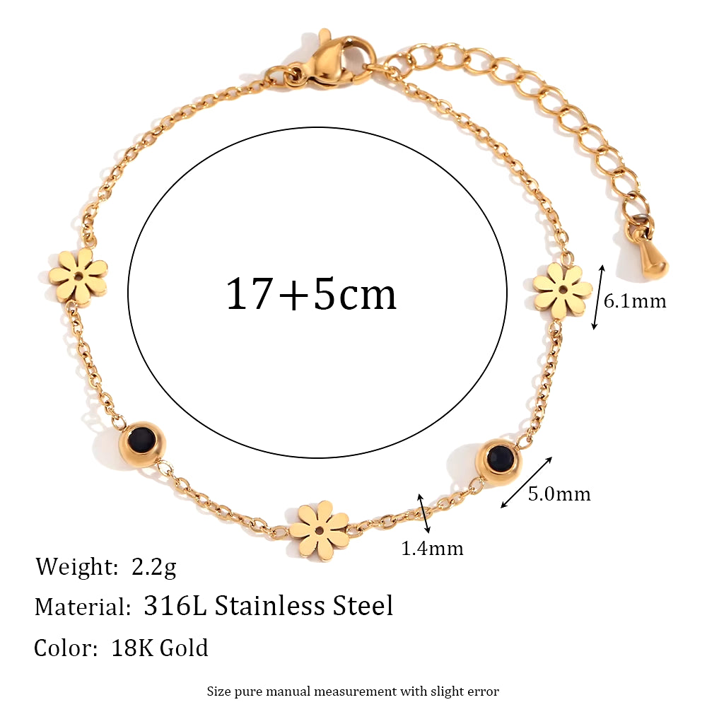 Double Sided Shell Heart Snake Chain Three Layer Bead Half Sunflower 316L Stainless Steel 18K Gold Plated Bracelet