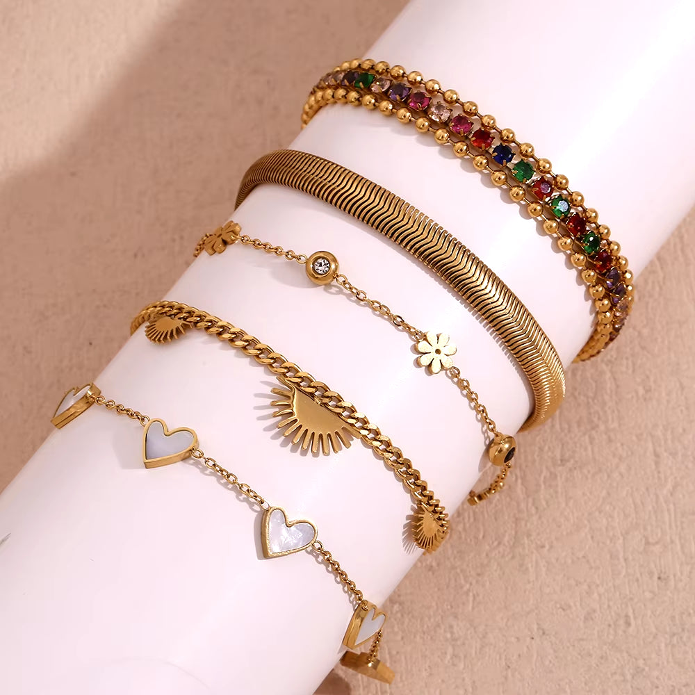 Double Sided Shell Heart Snake Chain Three Layer Bead Half Sunflower 316L Stainless Steel 18K Gold Plated Bracelet