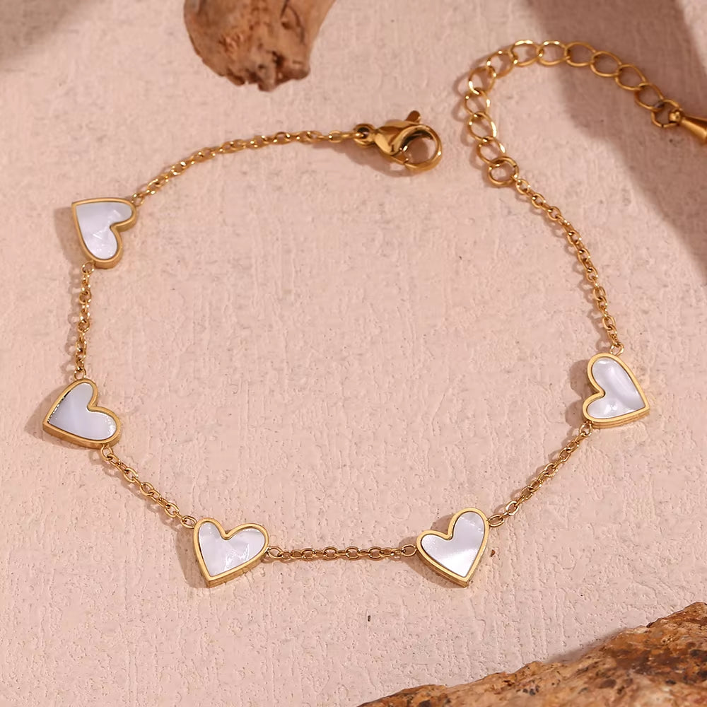 Double Sided Shell Heart Snake Chain Three Layer Bead Half Sunflower 316L Stainless Steel 18K Gold Plated Bracelet