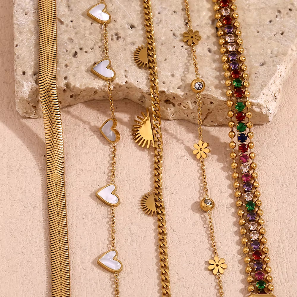 Double Sided Shell Heart Snake Chain Three Layer Bead Half Sunflower 316L Stainless Steel 18K Gold Plated Bracelet