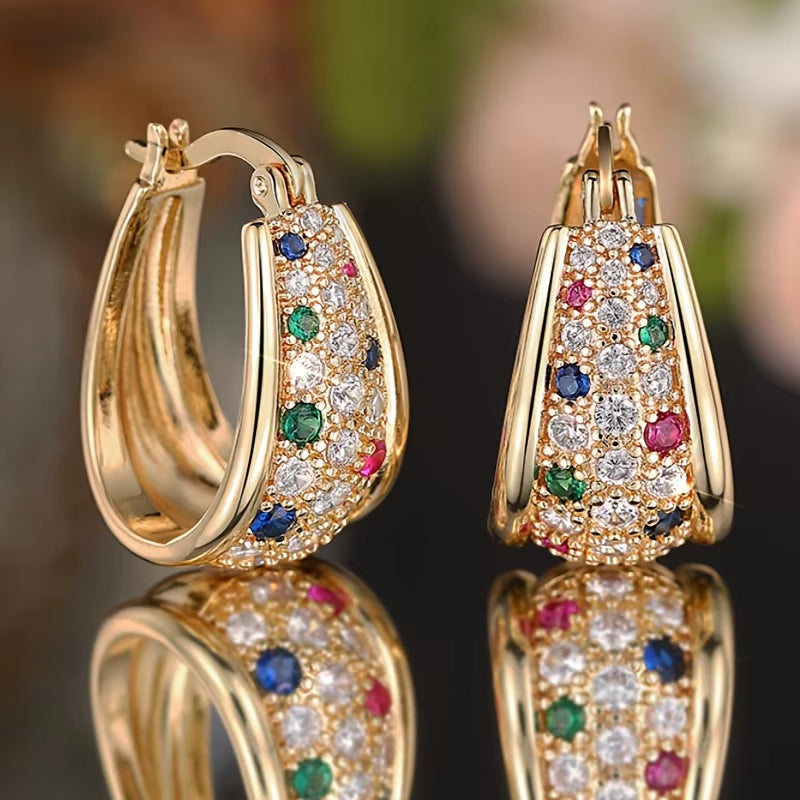 Elegant Ladies' Circular Earrings, Sparkling Colored Synthetic Zircon