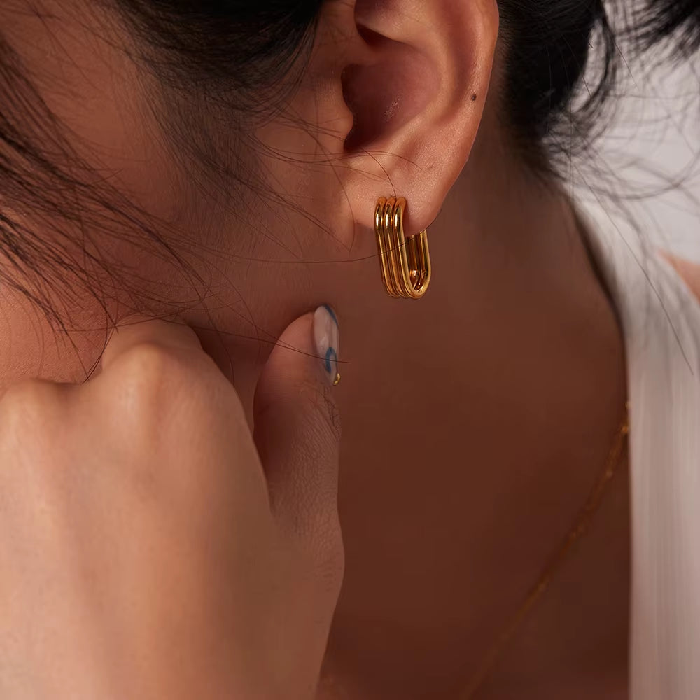 Three Layer U-Shaped Open Gold Plated Earrings