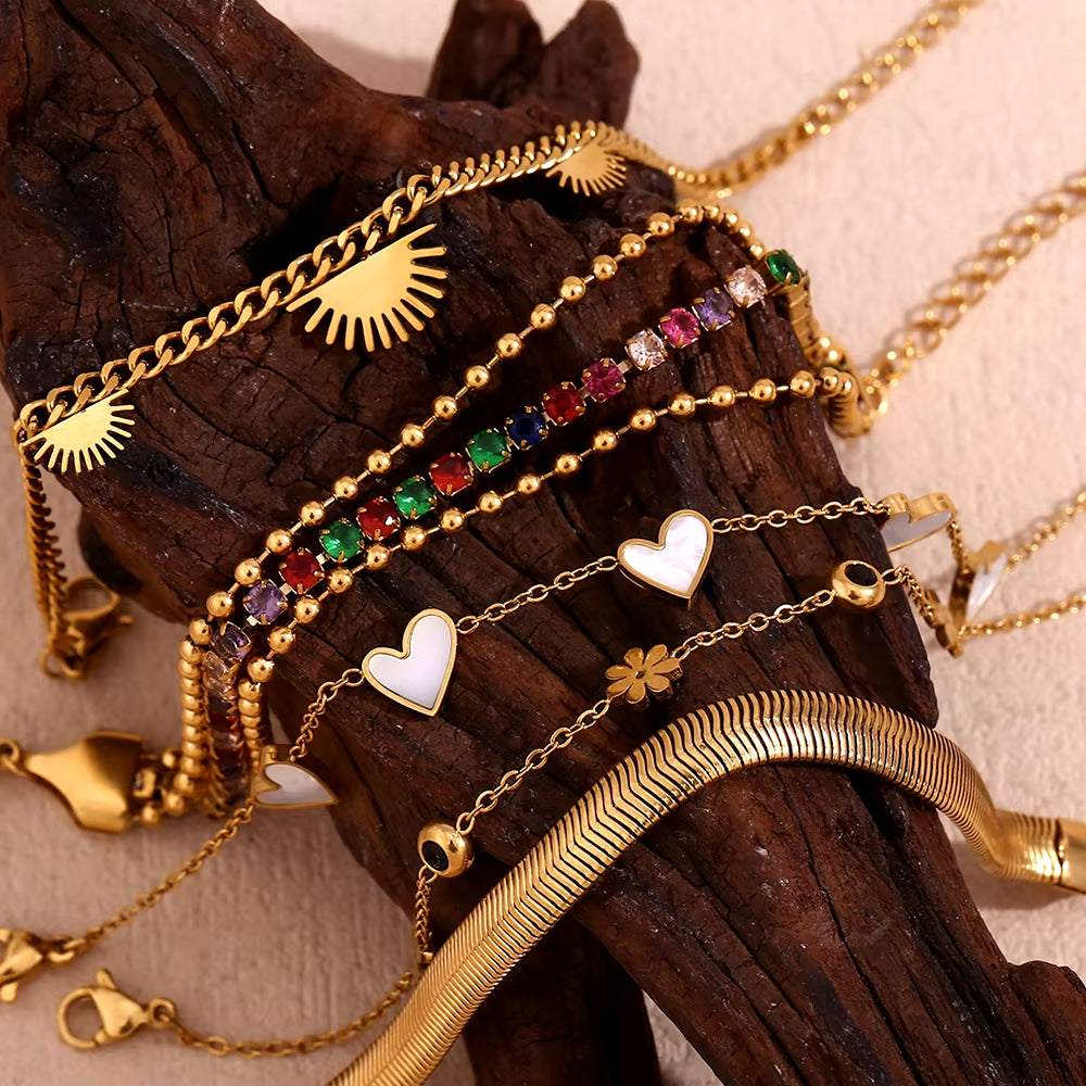 Double Sided Shell Heart Snake Chain Three Layer Bead Half Sunflower 316L Stainless Steel 18K Gold Plated Bracelet