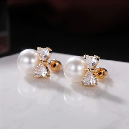 Chic Gold Bow Imitation Pearl Stud Earrings