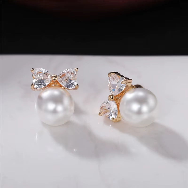 Chic Gold Bow Imitation Pearl Stud Earrings