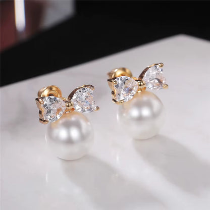 Chic Gold Bow Imitation Pearl Stud Earrings