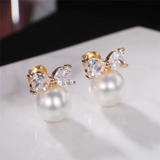 Chic Gold Bow Imitation Pearl Stud Earrings