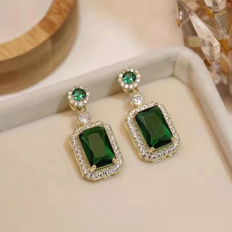 Green Rhinestones Dangle Earrings