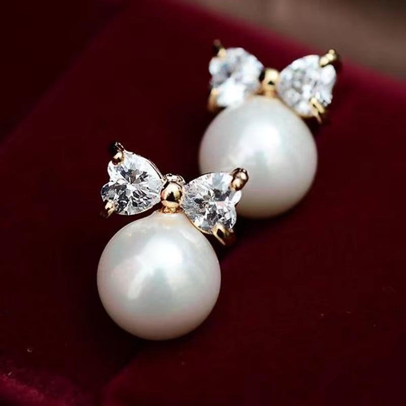 Chic Gold Bow Imitation Pearl Stud Earrings