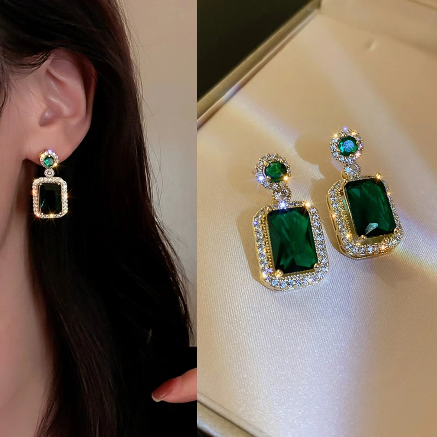 Green Rhinestones Dangle Earrings