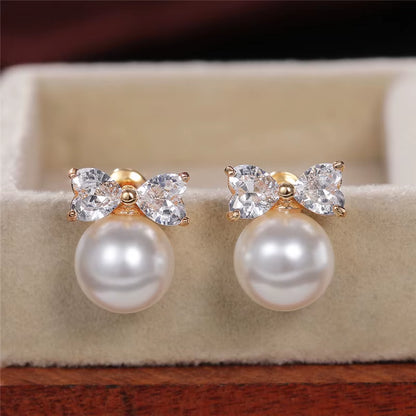 Chic Gold Bow Imitation Pearl Stud Earrings