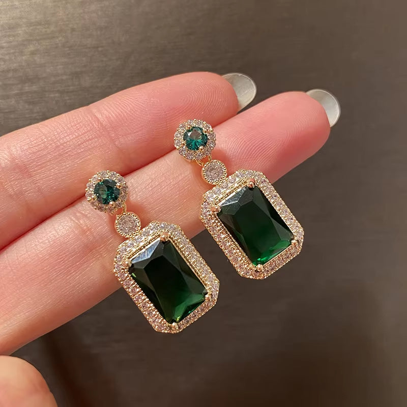 Green Rhinestones Dangle Earrings