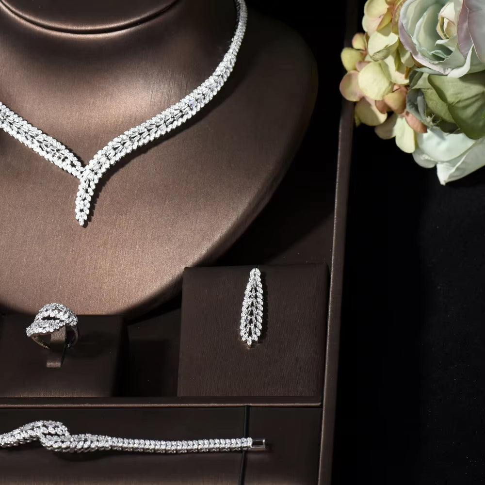 Classic Rectangular Cubic Zirconia Wedding Necklace and Earring Set Dubai Nigeria CZ Bridal Jewelry Set