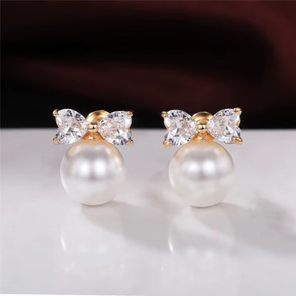 Chic Gold Bow Imitation Pearl Stud Earrings